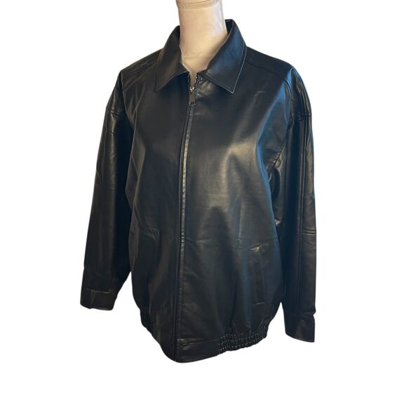 Automet Womens Black Faux Leather Bomber Jacket Sz M Zip Up Minimalist Modern - Picture 9 of 14